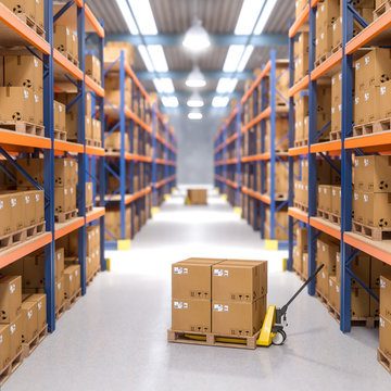 Warehouse storage shelving with mechanical handling equipment